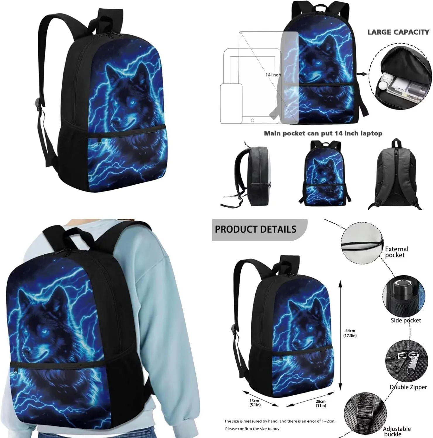 Blue Wolf School Backpack for Boys Kids Bookbags with Lunch Box and Pencil Case Set of 4 Cool Backpacks for Elementary Middle School Boys Multifunctional Schoolbag with Side Pockets