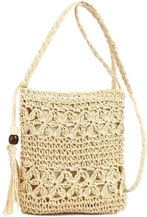 Boho Straw Crossbody Bags for Women Handmade Beach Bag Summer Woven Crossbody Bags Small Purse Crochet Purse