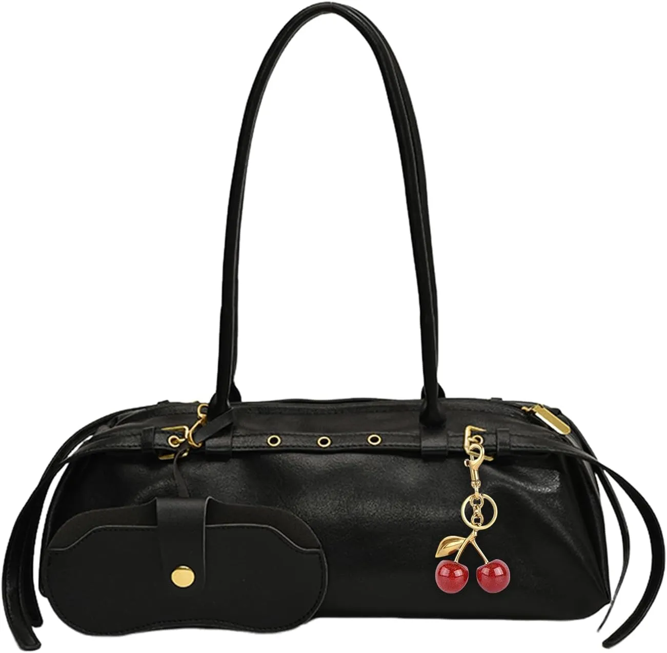 Boston Shoulder Bags for Women Cherry Purse Underarm Bag PU Leather Casual Bowling Bag Purse Retro Tote Bag