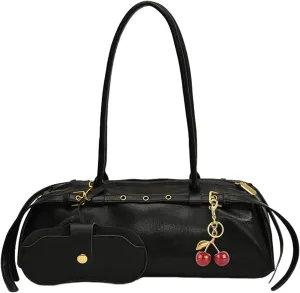 Boston Shoulder Bags for Women Cherry Purse Underarm Bag PU Leather Casual Bowling Bag Purse Retro Tote Bag
