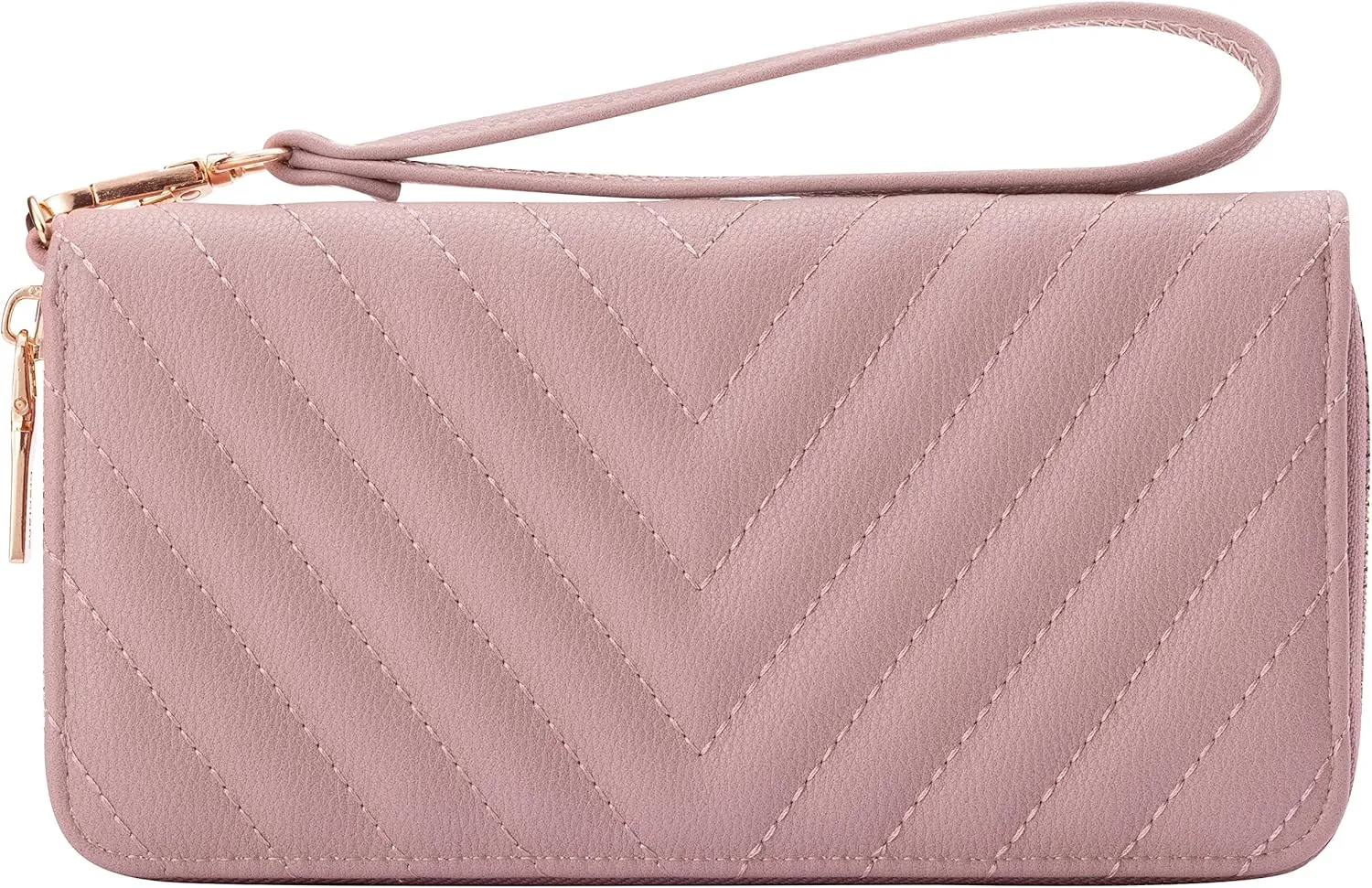 Brentano Vegan Leather Slim Single-Zipper Chevron Embroidered Wallet Clutch with Removable Wrist Strap (BLUSH)