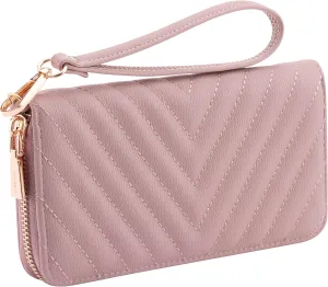 Brentano Vegan Leather Slim Single-Zipper Chevron Embroidered Wallet Clutch with Removable Wrist Strap (BLUSH)