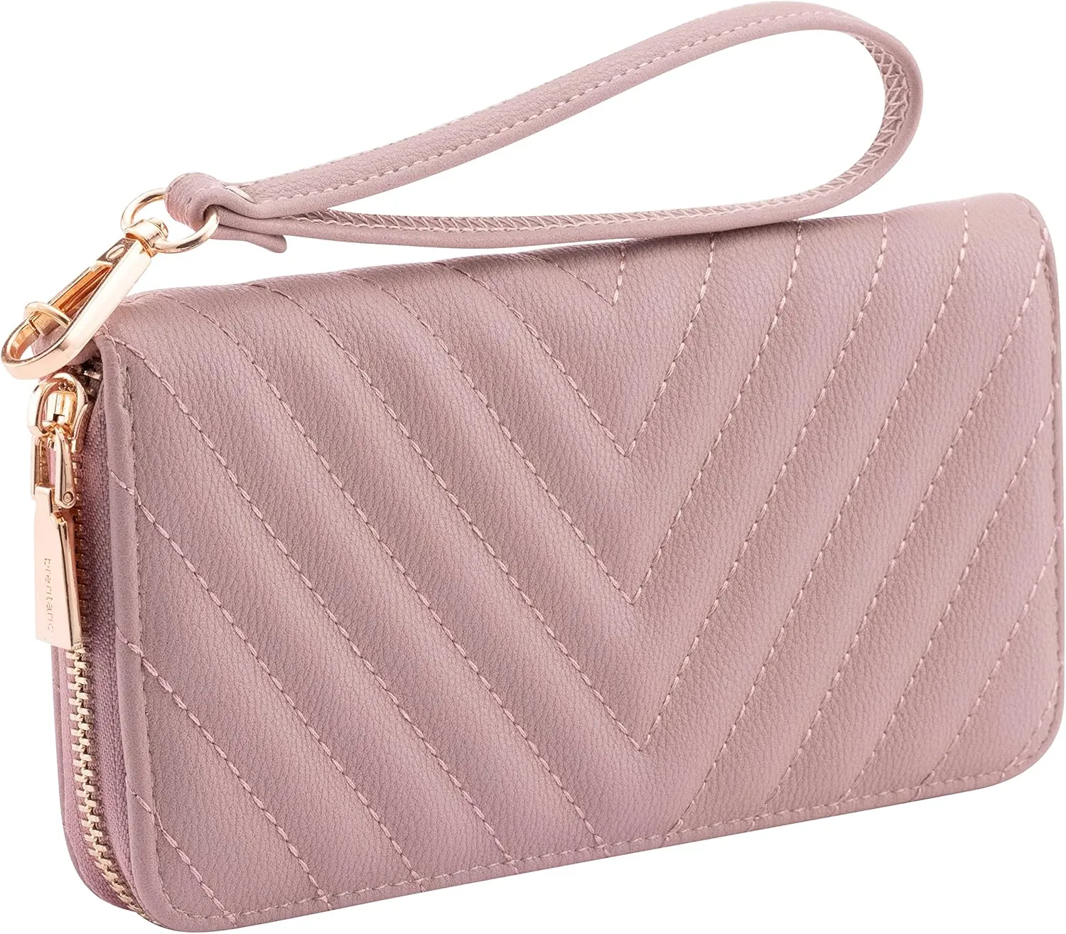 Brentano Vegan Leather Slim Single-Zipper Chevron Embroidered Wallet Clutch with Removable Wrist Strap (BLUSH)