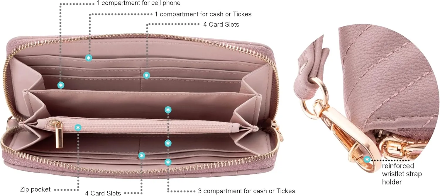 Brentano Vegan Leather Slim Single-Zipper Chevron Embroidered Wallet Clutch with Removable Wrist Strap (BLUSH)