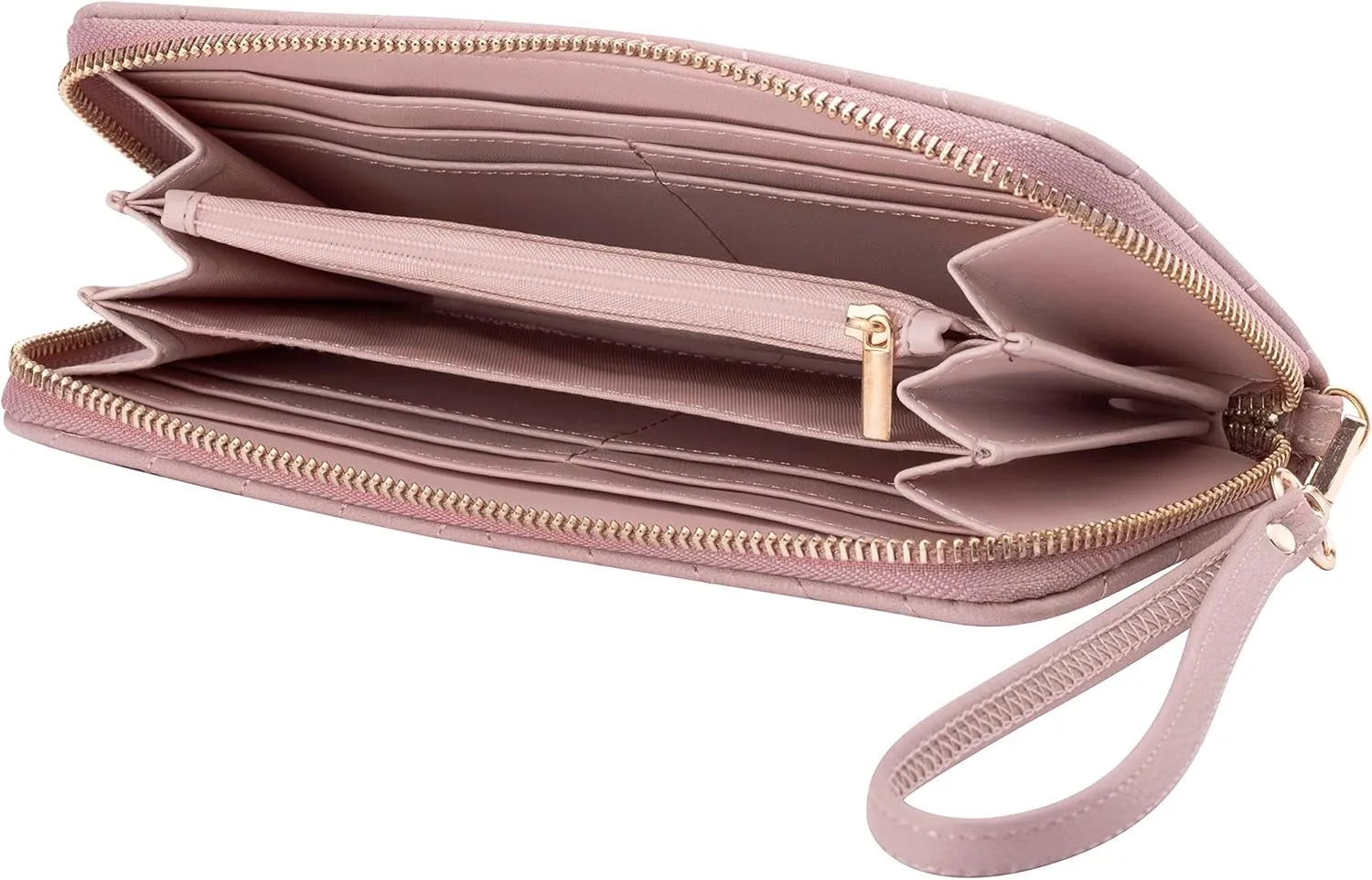 Brentano Vegan Leather Slim Single-Zipper Chevron Embroidered Wallet Clutch with Removable Wrist Strap (BLUSH)