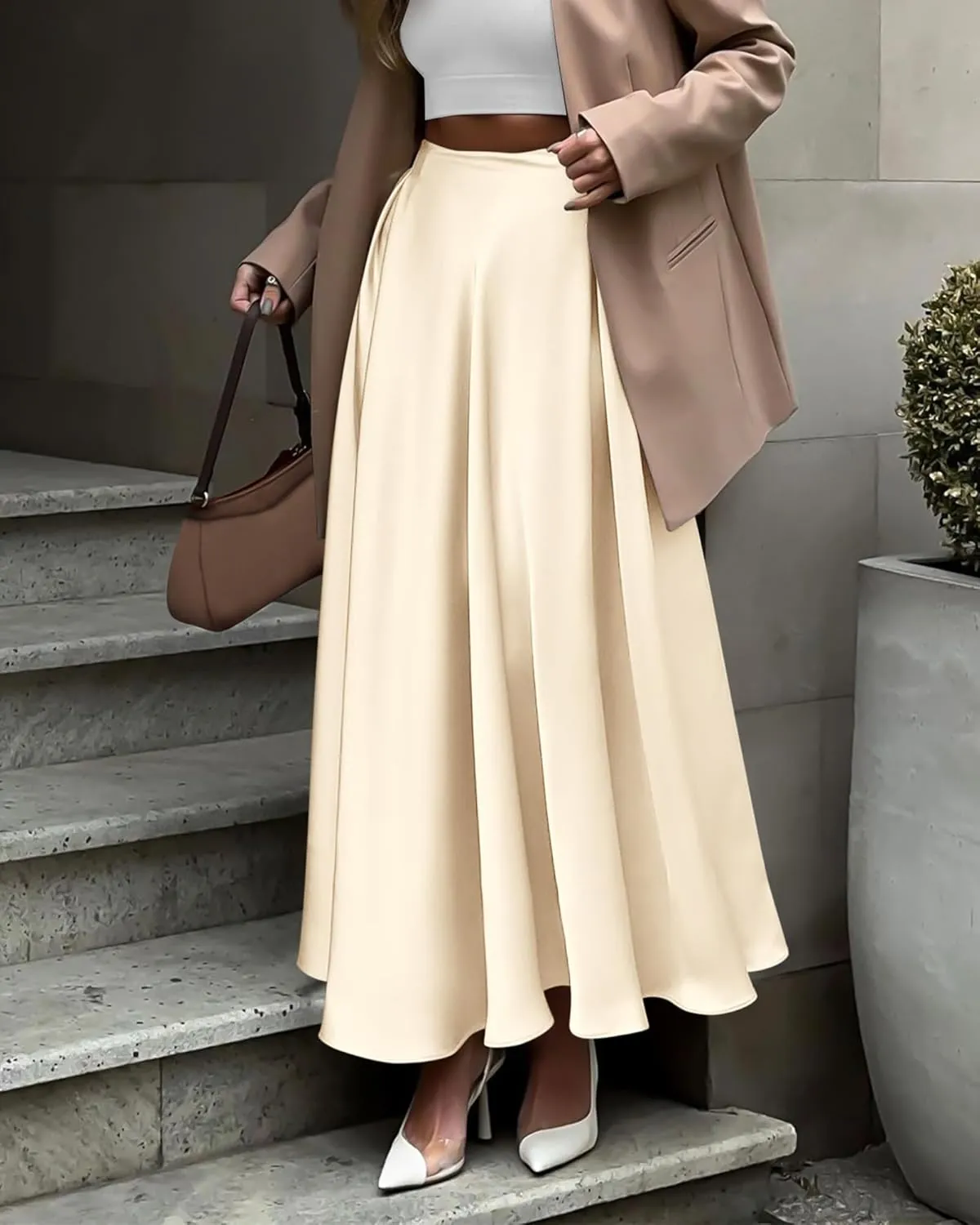 BTFBM Womens High Waist Satin Skirts Summer Spring Outfits 2025 Elegant Flowy A-Line Party Cocktail Long Maxi Skirt