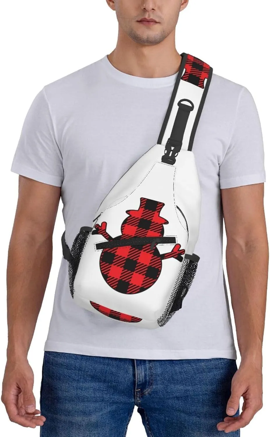 Buffalo Plaid Snowman Crossbody Bag Cross Chest Bag Adjustable Sling Backpack Sports Gym Shoulder Bags Travel Cycling Daypack Diagonally Casual Rucksack