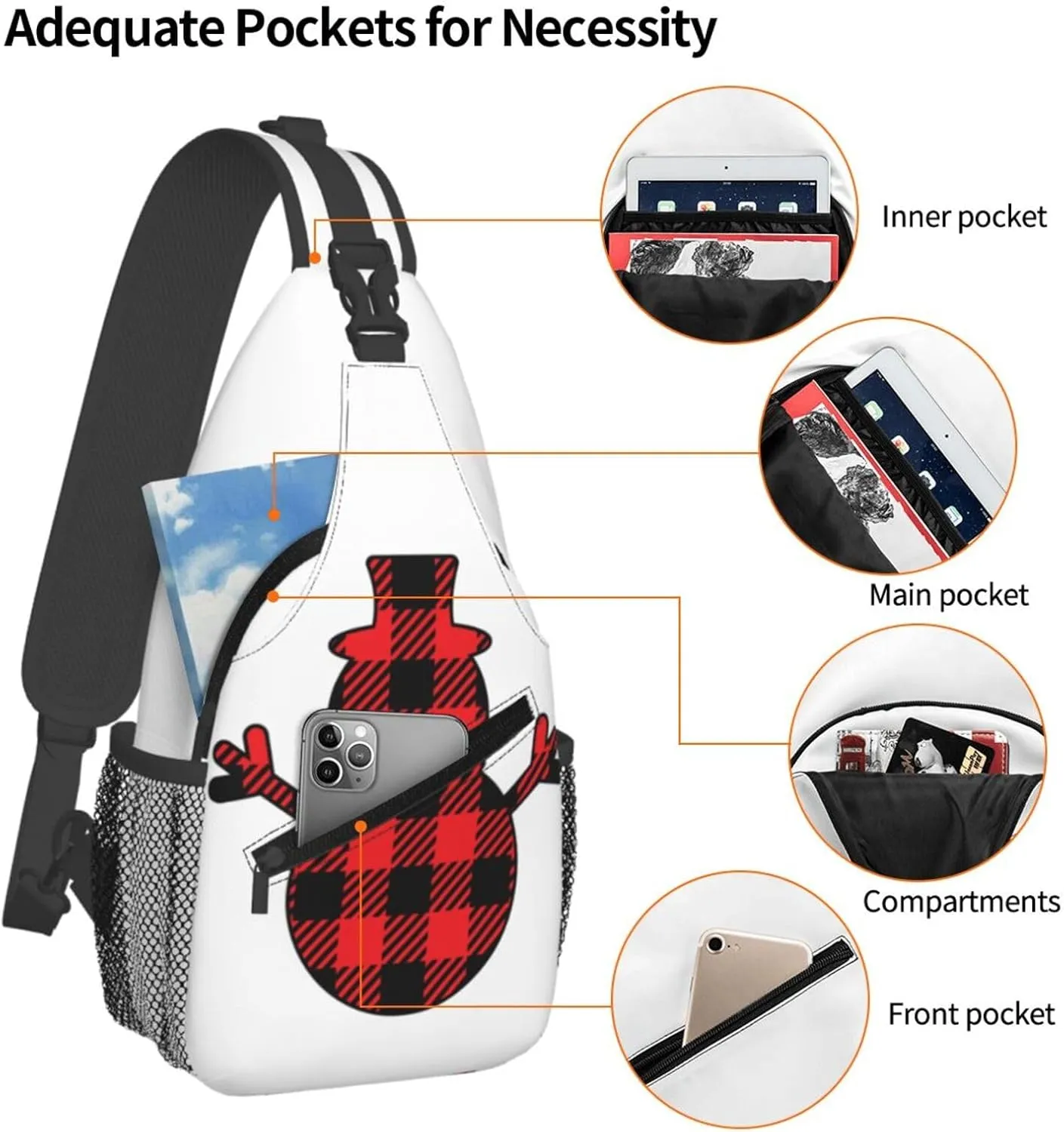 Buffalo Plaid Snowman Crossbody Bag Cross Chest Bag Adjustable Sling Backpack Sports Gym Shoulder Bags Travel Cycling Daypack Diagonally Casual Rucksack