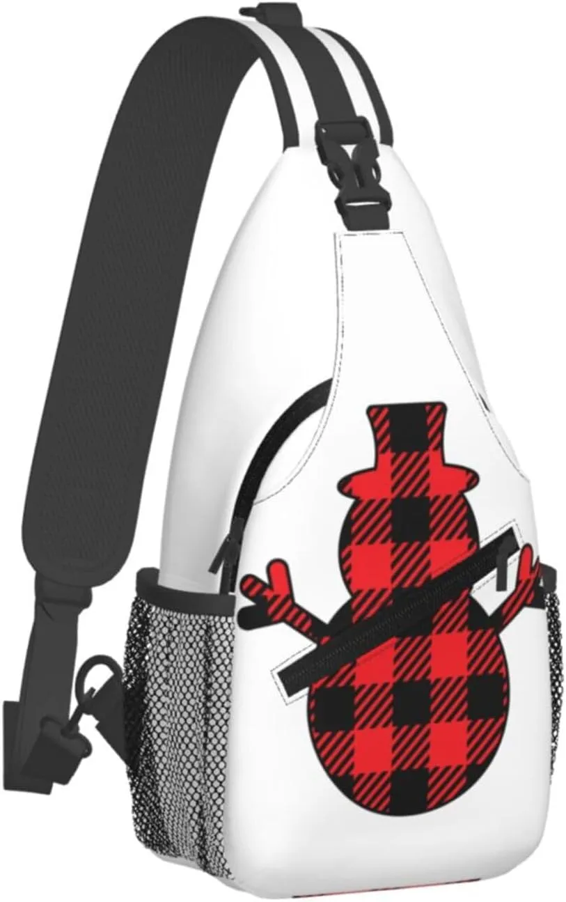 Buffalo Plaid Snowman Crossbody Bag Cross Chest Bag Adjustable Sling Backpack Sports Gym Shoulder Bags Travel Cycling Daypack Diagonally Casual Rucksack