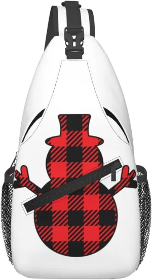 Buffalo Plaid Snowman Crossbody Bag Cross Chest Bag Adjustable Sling Backpack Sports Gym Shoulder Bags Travel Cycling Daypack Diagonally Casual Rucksack