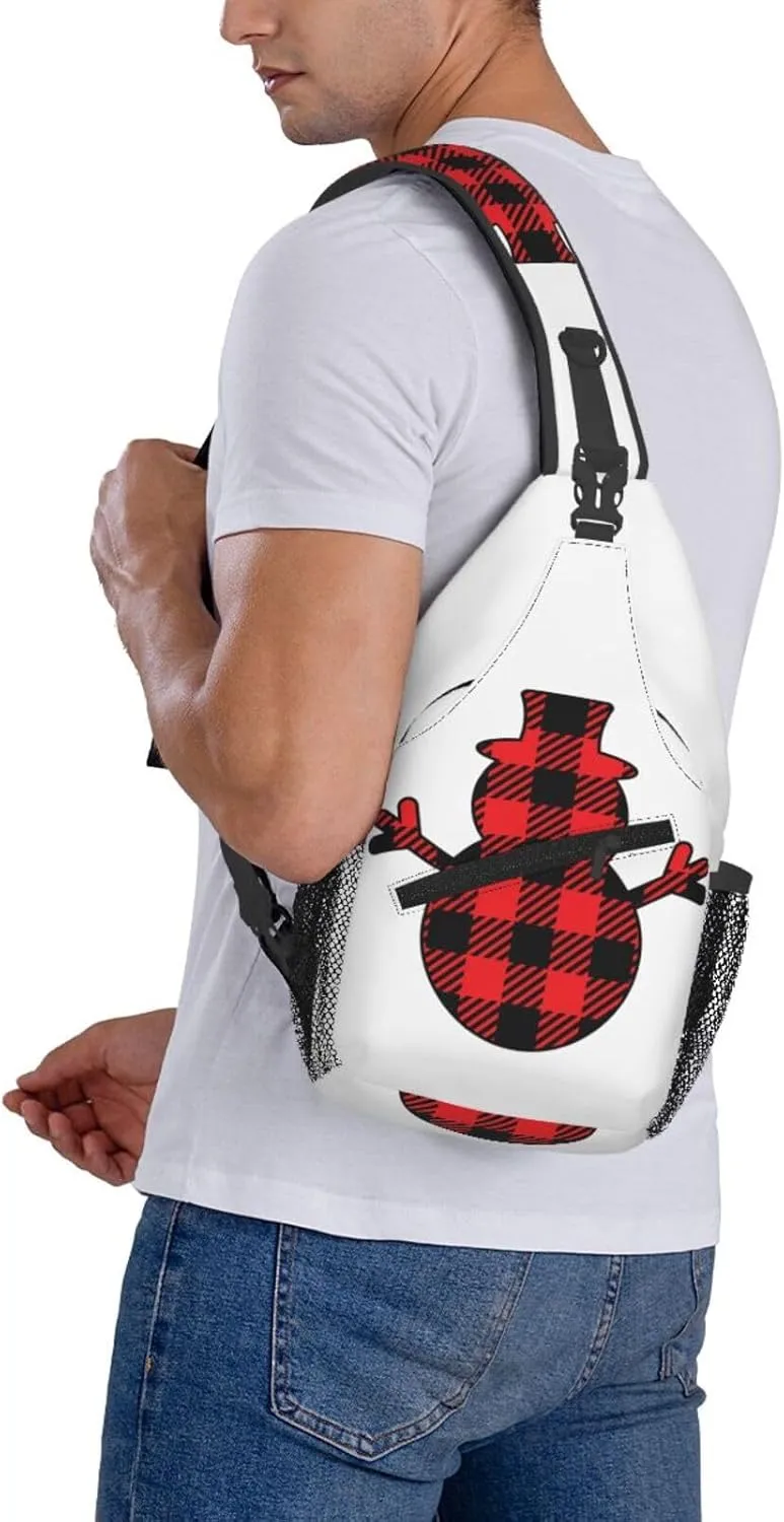 Buffalo Plaid Snowman Crossbody Bag Cross Chest Bag Adjustable Sling Backpack Sports Gym Shoulder Bags Travel Cycling Daypack Diagonally Casual Rucksack