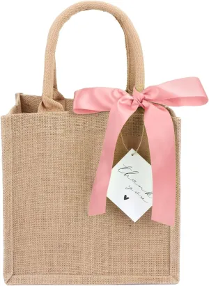 Burlap Tote Bags with Handles Reusable Jute Gift Bags with Pink Silk Ribbons Waterproof Lining for Wedding Bridesmaid Mother's Day Bachelorette Beach Party
