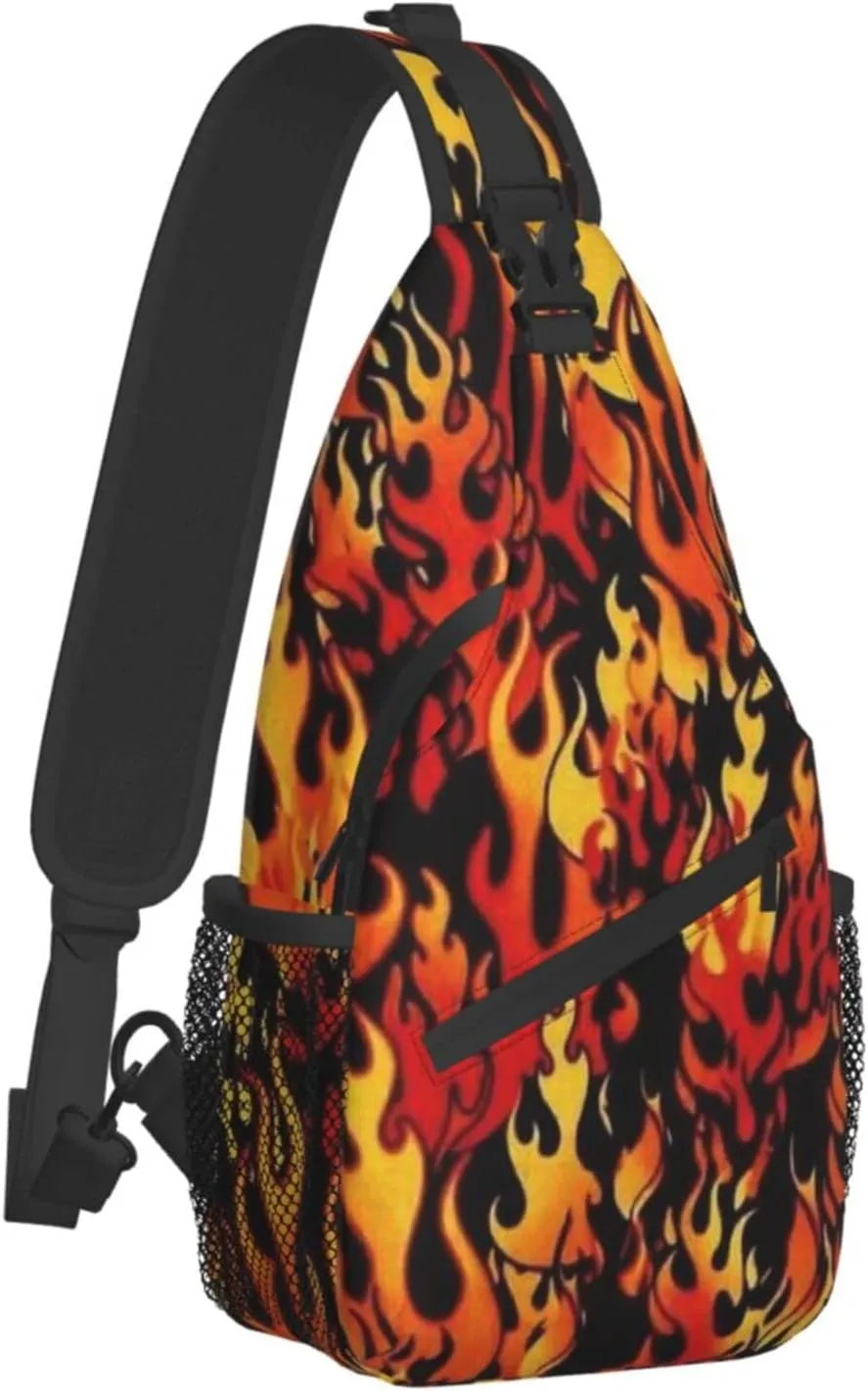 Burning Red Flame Chest Bag Shoulder Bag, Flame Sling Backpack Casual Travel Bag For Men And Women
