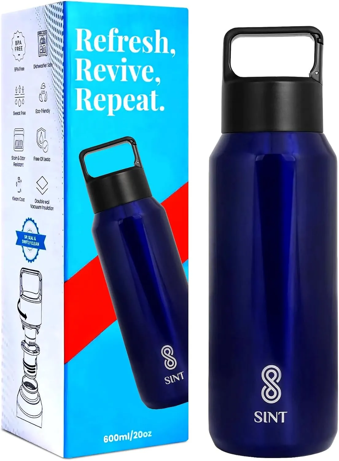 Carbonated Sports Water Bottle - 20 Oz, Leak Proof - Stainless Steel, Gym & Sports Bottles for Men & Women, Double Walled & Vacuum Insulated With Dishwasher Safe, Pack of 1 (Blue)