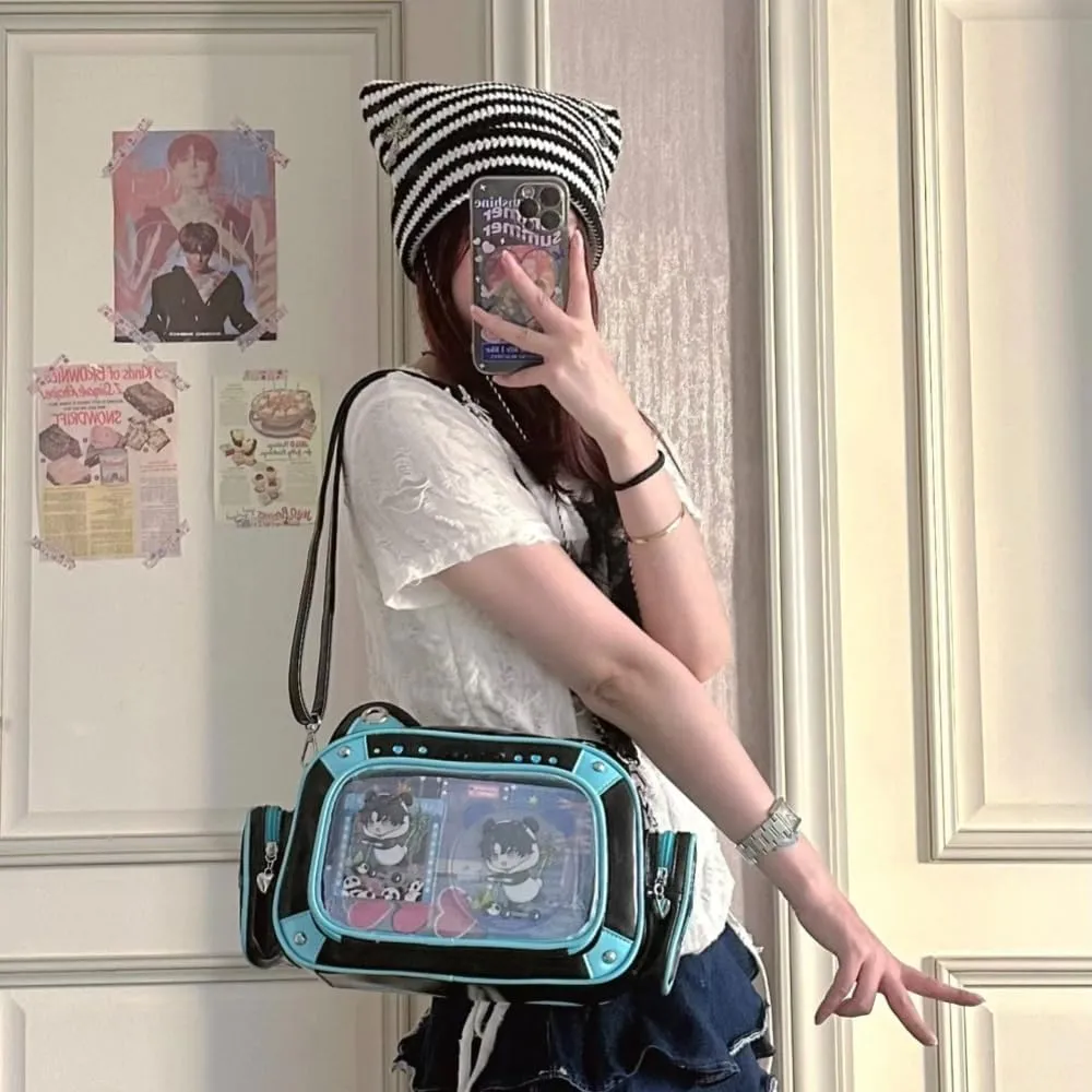 Cat Ita Bag Pins Display Backpack for Girls Single Shoulder Bag Purse with Insert for School Comic Con (blue black PU)