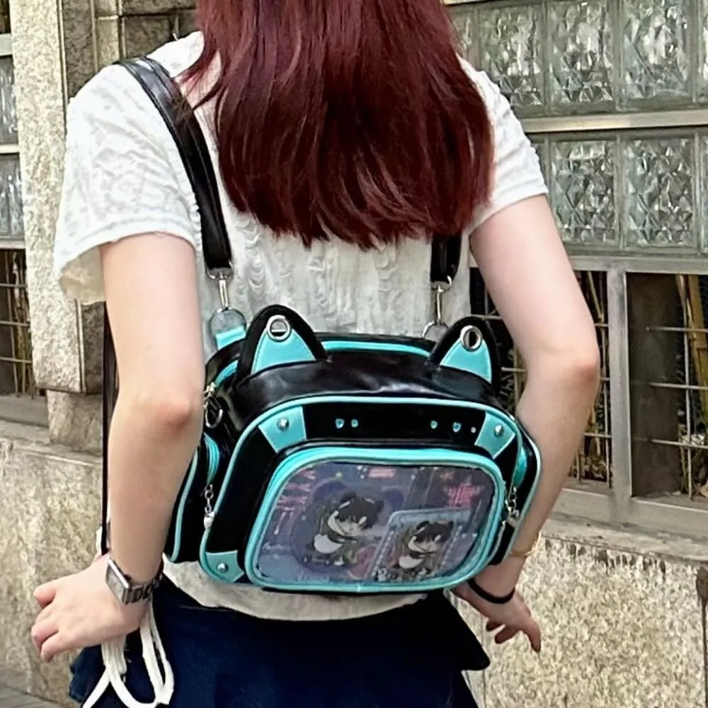 Cat Ita Bag Pins Display Backpack for Girls Single Shoulder Bag Purse with Insert for School Comic Con (blue black PU)