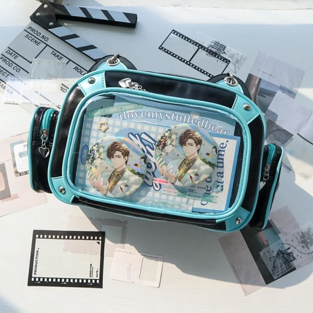Cat Ita Bag Pins Display Backpack for Girls Single Shoulder Bag Purse with Insert for School Comic Con (blue black PU)
