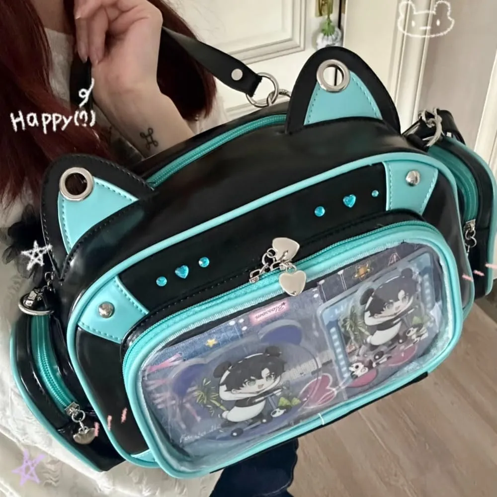 Cat Ita Bag Pins Display Backpack for Girls Single Shoulder Bag Purse with Insert for School Comic Con (blue black PU)