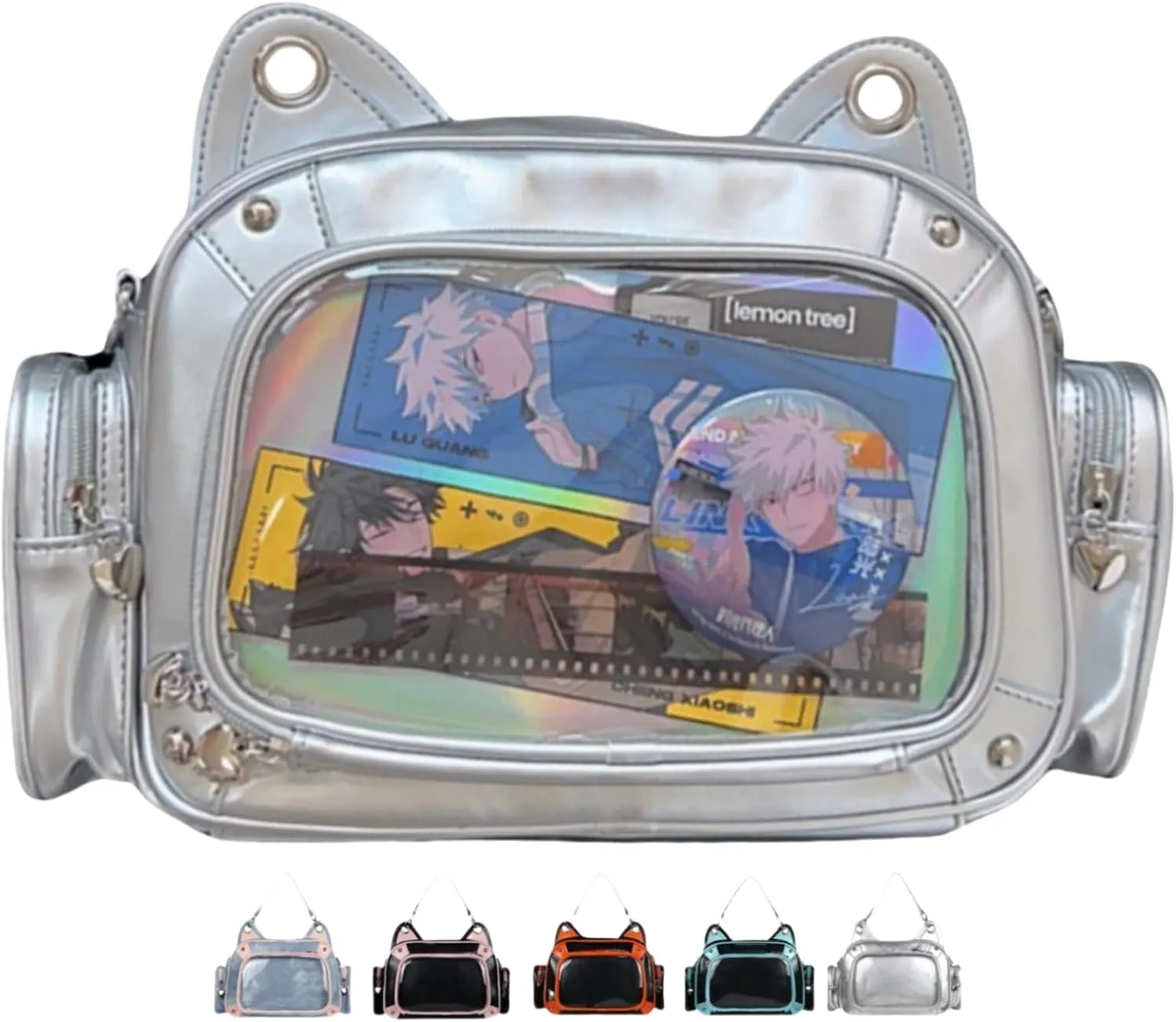 Cat Ita Bag Pins Display Backpack for Girls Single Shoulder Bag Purse with Insert for School Comic Con (silver PU)