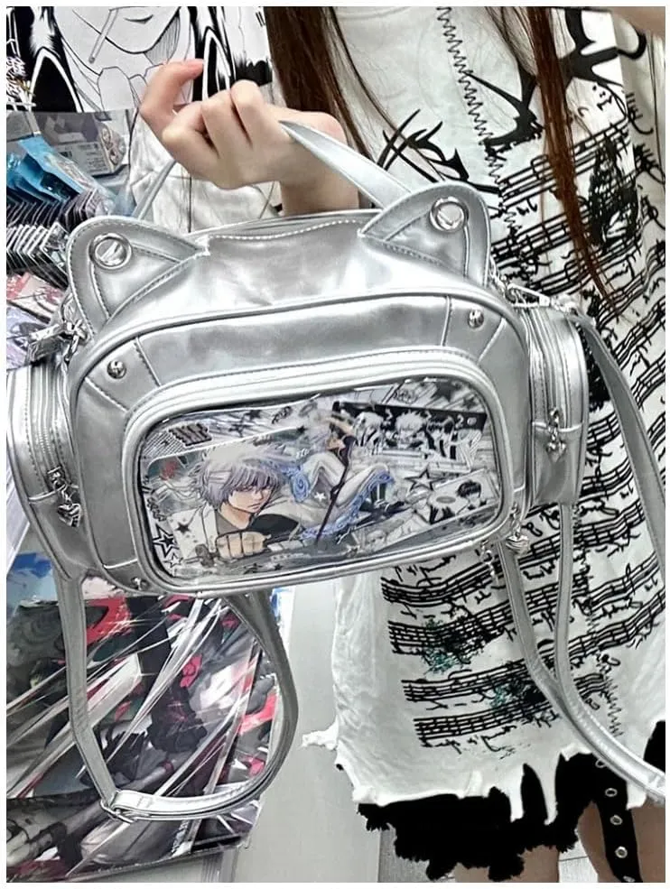 Cat Ita Bag Pins Display Backpack for Girls Single Shoulder Bag Purse with Insert for School Comic Con (silver PU)