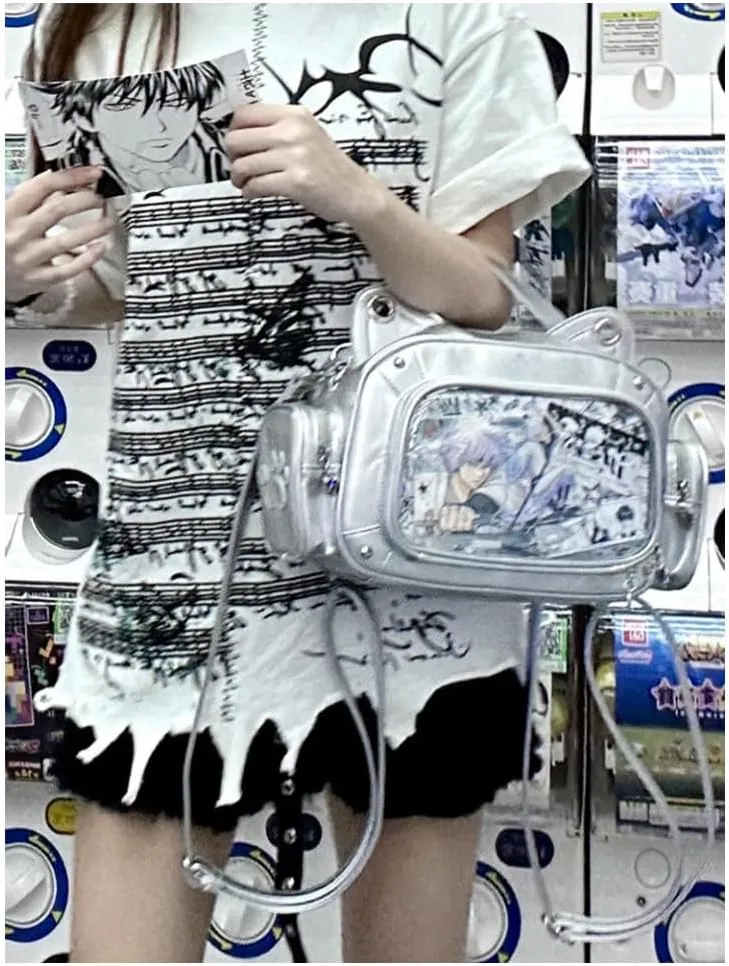 Cat Ita Bag Pins Display Backpack for Girls Single Shoulder Bag Purse with Insert for School Comic Con (silver PU)
