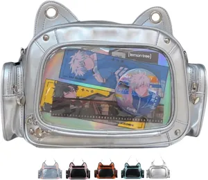 Cat Ita Bag Pins Display Backpack for Girls Single Shoulder Bag Purse with Insert for School Comic Con (silver PU)