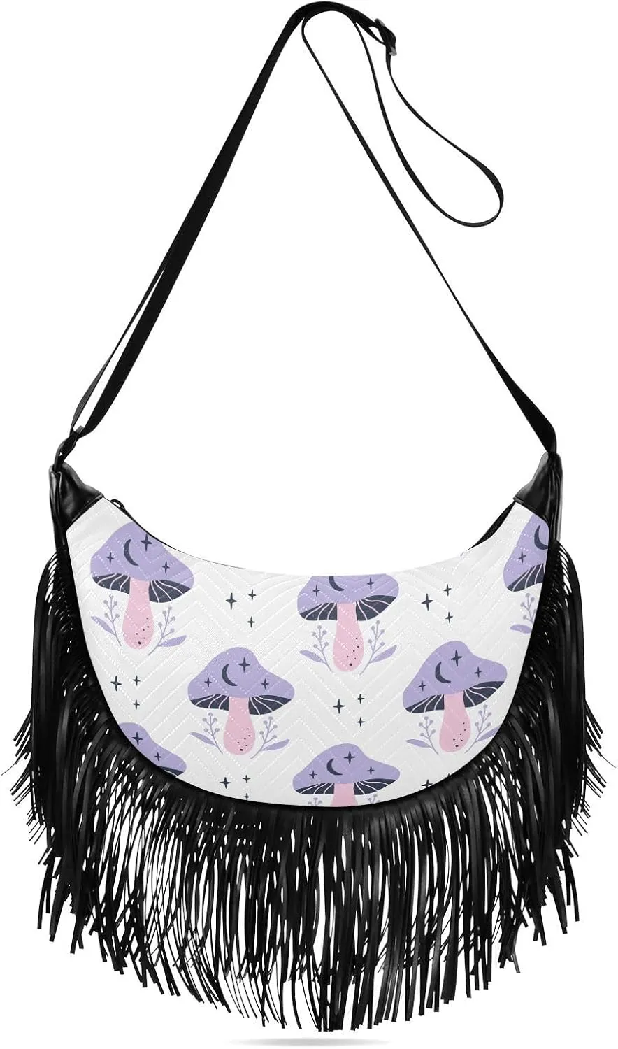 Celestial Mushrooms Tassel Crossbody Bag with Adjustable Strap and Zipper Crossbody Handbag for Women