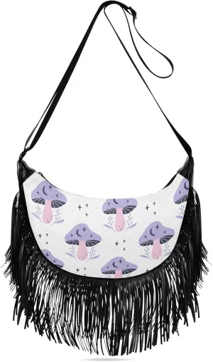 Celestial Mushrooms Tassel Crossbody Bag with Adjustable Strap and Zipper Crossbody Handbag for Women