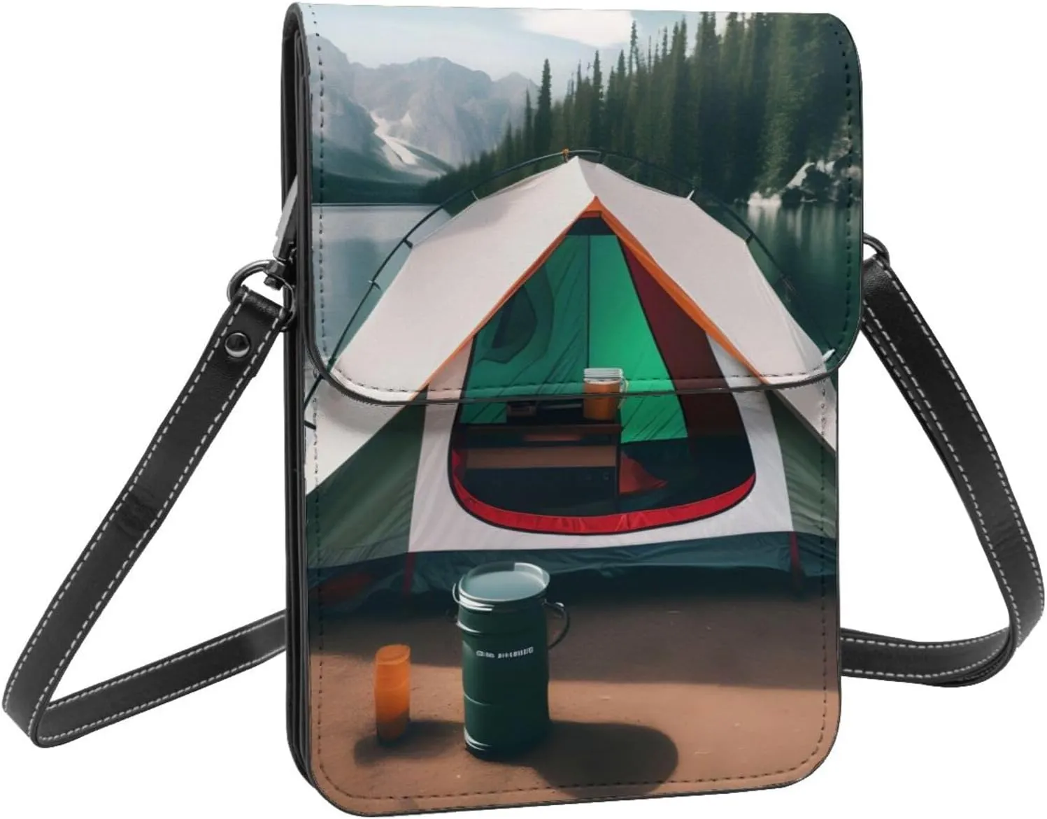 Cell Phone Purse Wallet Crossbody Bag Soft Leather Mobile Phone Wallet for women Lake Camping Print