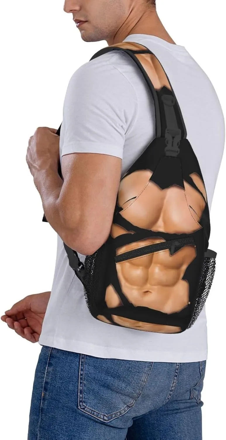 Chest Six Pack ABS Muscles Bodybuilder Crossbody Bag Cross Chest Bag Adjustable Sling Backpack Sports Gym Shoulder Bags Travel Cycling Daypack Diagonally Casual Rucksack
