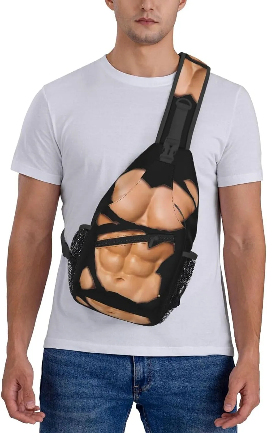 Chest Six Pack ABS Muscles Bodybuilder Crossbody Bag Cross Chest Bag Adjustable Sling Backpack Sports Gym Shoulder Bags Travel Cycling Daypack Diagonally Casual Rucksack
