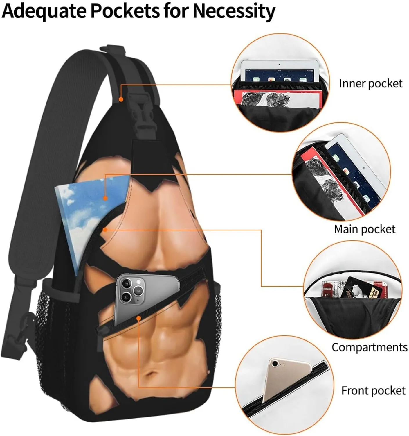 Chest Six Pack ABS Muscles Bodybuilder Crossbody Bag Cross Chest Bag Adjustable Sling Backpack Sports Gym Shoulder Bags Travel Cycling Daypack Diagonally Casual Rucksack