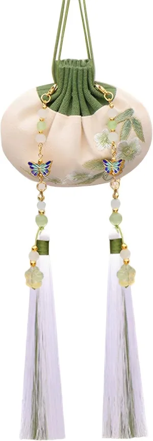 Chinese Hanfu Silk Pouch - Mini Coin Purse, Drawstring Bag, Jewelry & Gift Bag (Green-Pear)