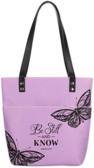 Christian Art Gifts Felt and Faux Leather Fashion Butterfly Cover Tote Bag for Women: Be Still and Know - Psalm 46:10 Inspirational Bible Verse, Purple & Black Durable Tote Bag for Books and Supplies