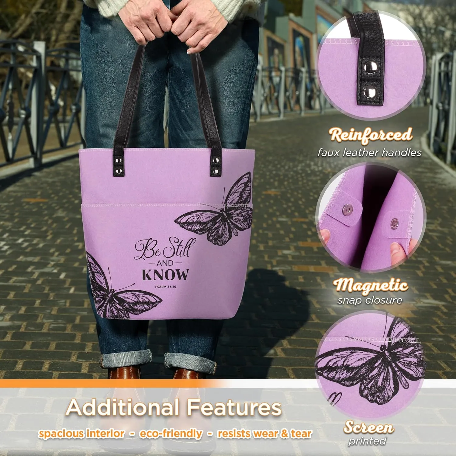 Christian Art Gifts Felt and Faux Leather Fashion Butterfly Cover Tote Bag for Women: Be Still and Know - Psalm 46:10 Inspirational Bible Verse, Purple & Black Durable Tote Bag for Books and Supplies