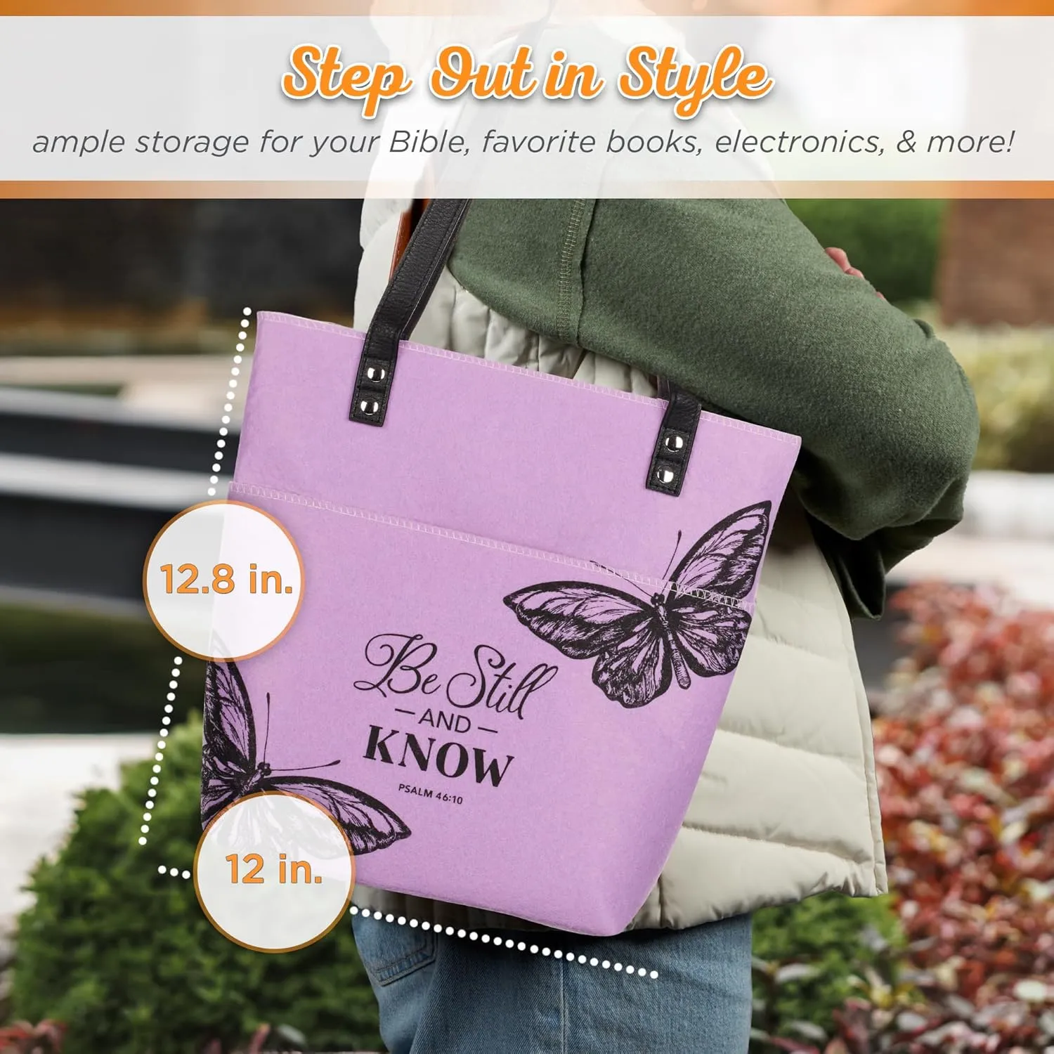 Christian Art Gifts Felt and Faux Leather Fashion Butterfly Cover Tote Bag for Women: Be Still and Know - Psalm 46:10 Inspirational Bible Verse, Purple & Black Durable Tote Bag for Books and Supplies