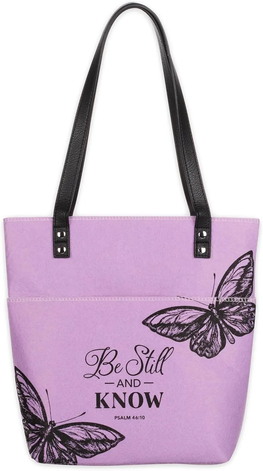 Christian Art Gifts Felt and Faux Leather Fashion Butterfly Cover Tote Bag for Women: Be Still and Know - Psalm 46:10 Inspirational Bible Verse, Purple & Black Durable Tote Bag for Books and Supplies