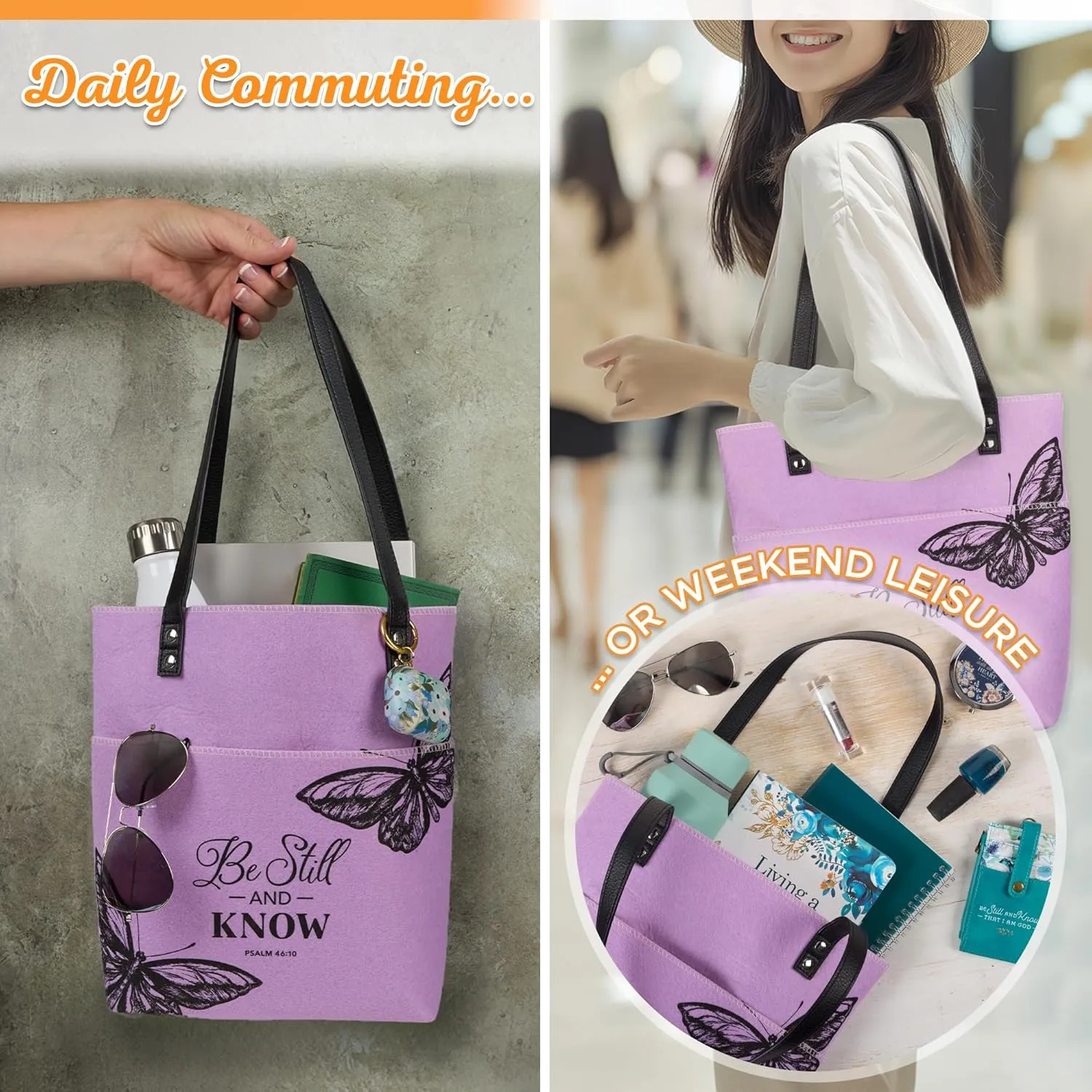 Christian Art Gifts Felt and Faux Leather Fashion Butterfly Cover Tote Bag for Women: Be Still and Know - Psalm 46:10 Inspirational Bible Verse, Purple & Black Durable Tote Bag for Books and Supplies