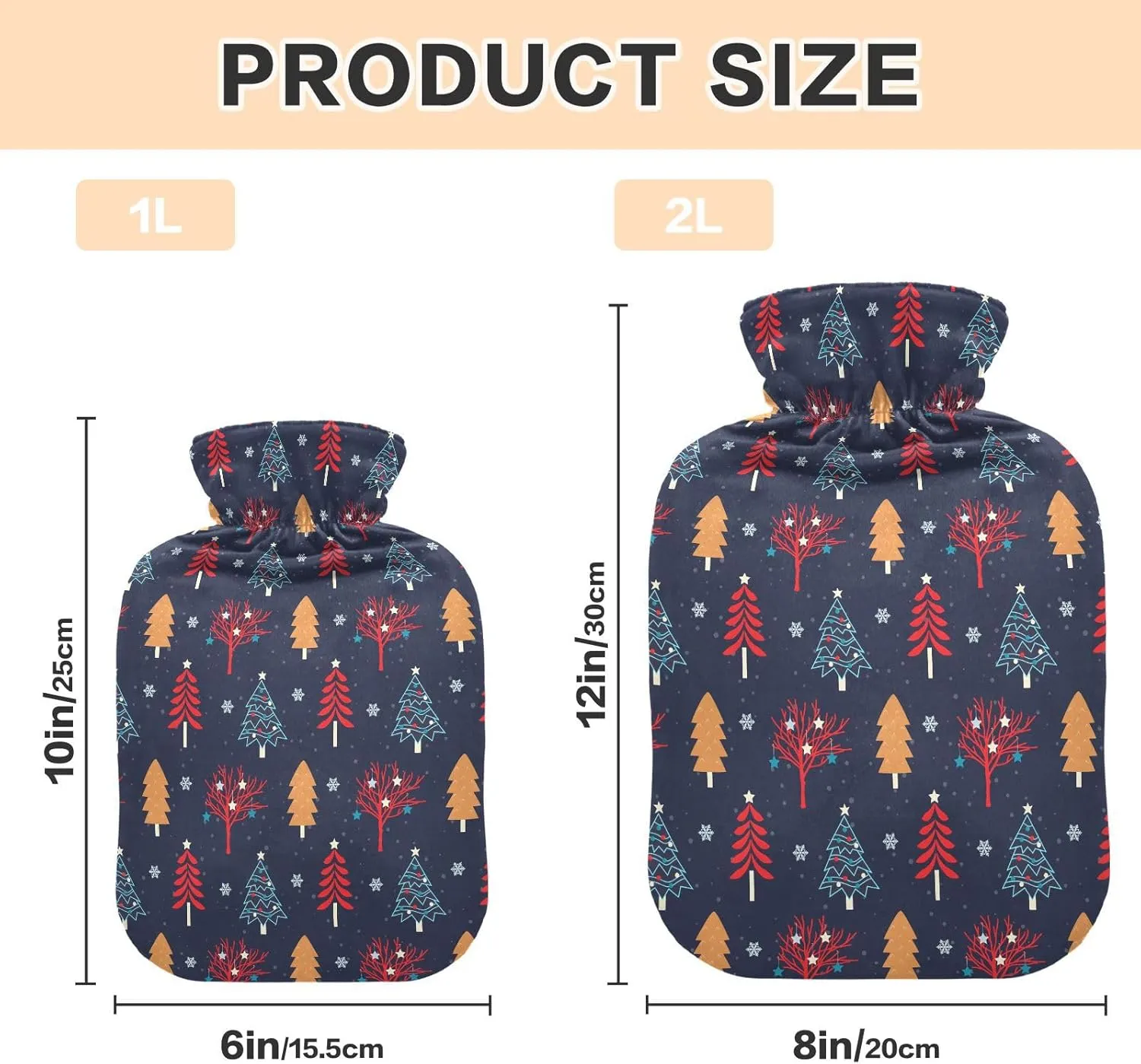 Christmas Trees Black Hot Water Bottle with Cover, 2 Liters Reusable Hot Water Bag for Tummy Cramps Neck and Shoulder Waist Pain Relief, Hot and Cold Therapies