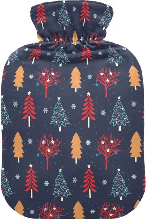 Christmas Trees Black Hot Water Bottle with Cover, 2 Liters Reusable Hot Water Bag for Tummy Cramps Neck and Shoulder Waist Pain Relief, Hot and Cold Therapies