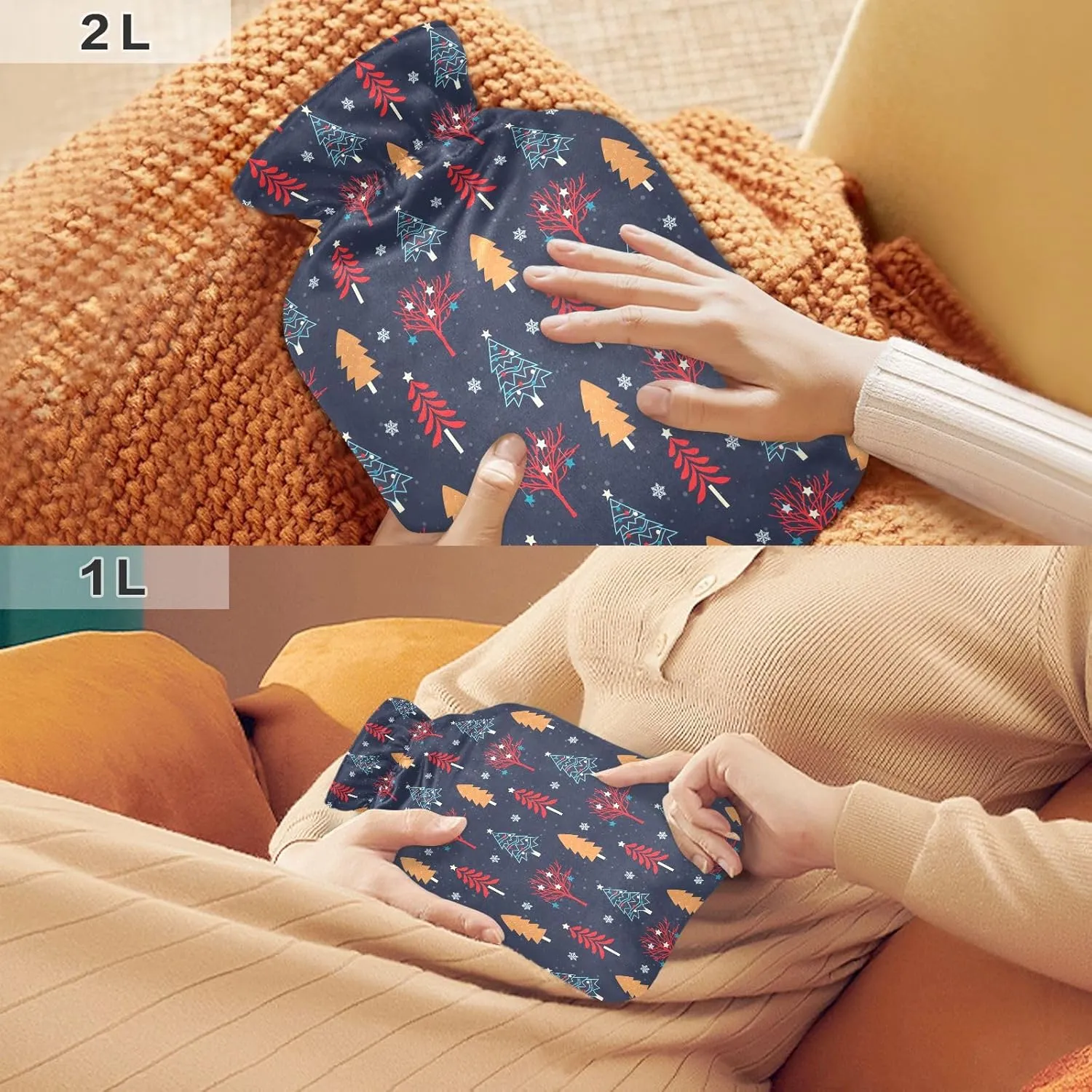 Christmas Trees Black Hot Water Bottle with Cover, 2 Liters Reusable Hot Water Bag for Tummy Cramps Neck and Shoulder Waist Pain Relief, Hot and Cold Therapies