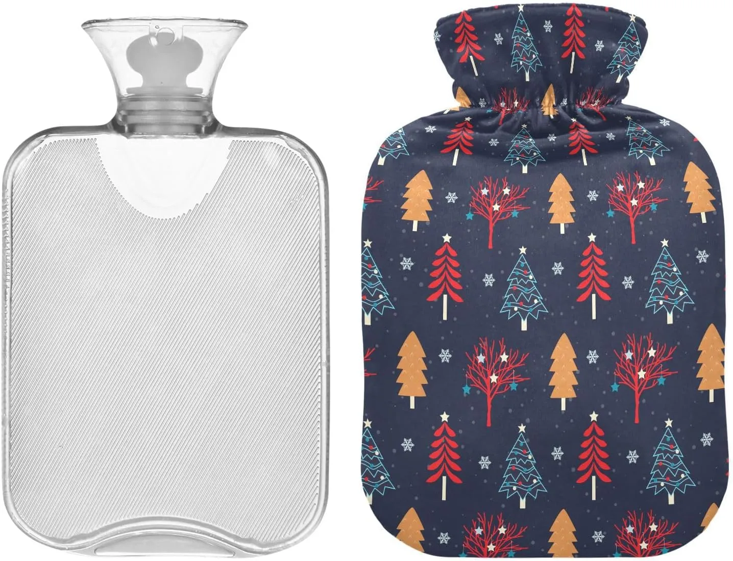 Christmas Trees Black Hot Water Bottle with Cover, 2 Liters Reusable Hot Water Bag for Tummy Cramps Neck and Shoulder Waist Pain Relief, Hot and Cold Therapies