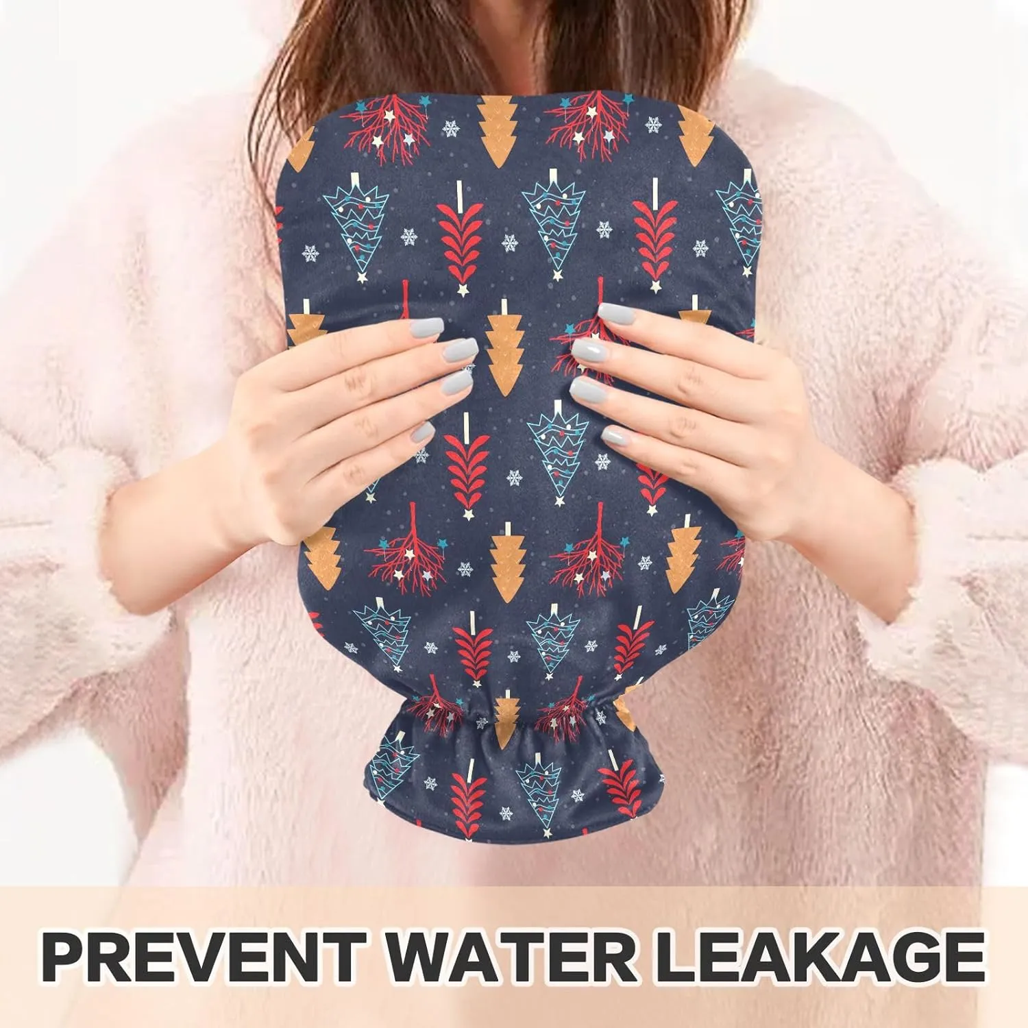 Christmas Trees Black Hot Water Bottle with Cover, 2 Liters Reusable Hot Water Bag for Tummy Cramps Neck and Shoulder Waist Pain Relief, Hot and Cold Therapies