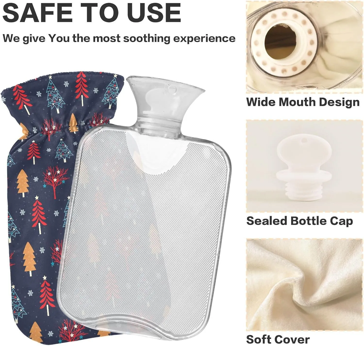 Christmas Trees Black Hot Water Bottle with Cover, 2 Liters Reusable Hot Water Bag for Tummy Cramps Neck and Shoulder Waist Pain Relief, Hot and Cold Therapies