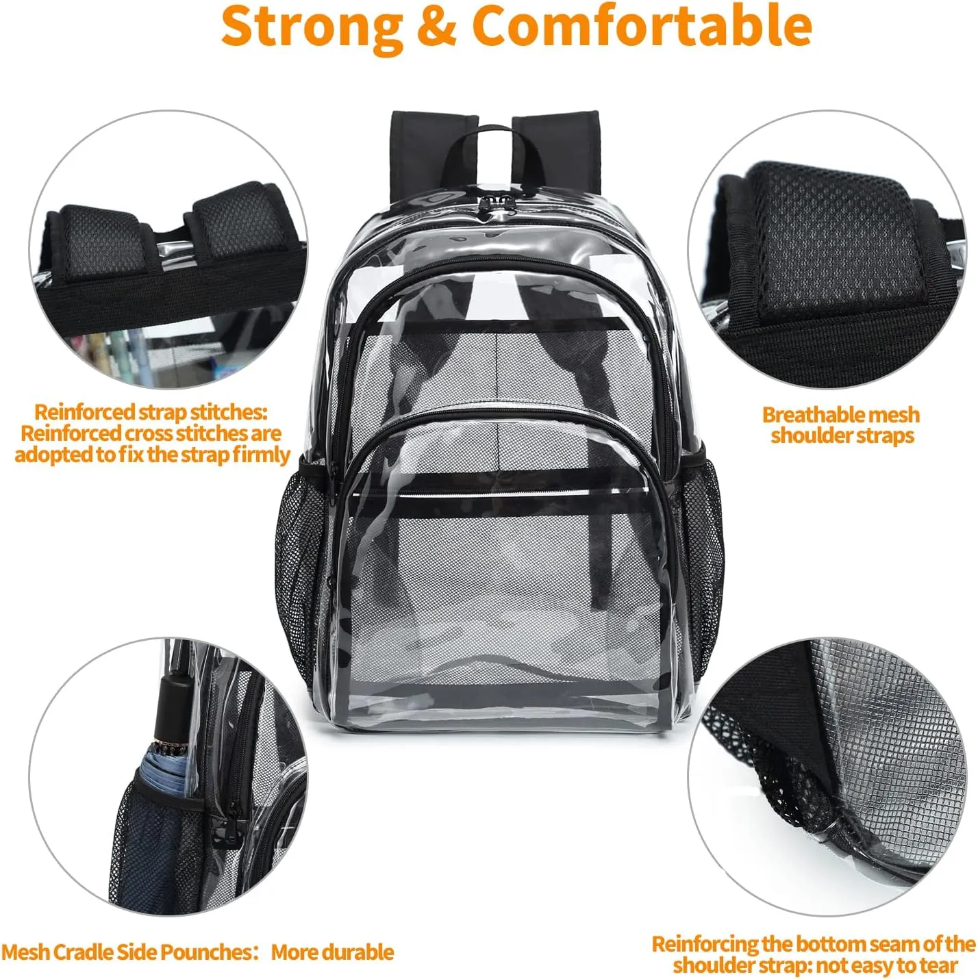 Clear Backpack, Clear Bag Stadium Large See Through Bookbag Heavy Duty PVC Transparent Backpacks for School
