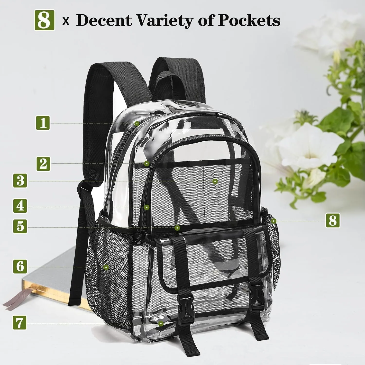 Clear Backpack, Large Clear Bag Stadium Heavy Duty PVC Transparent See Through Backpacks for Boys Girls, College, Work, Black