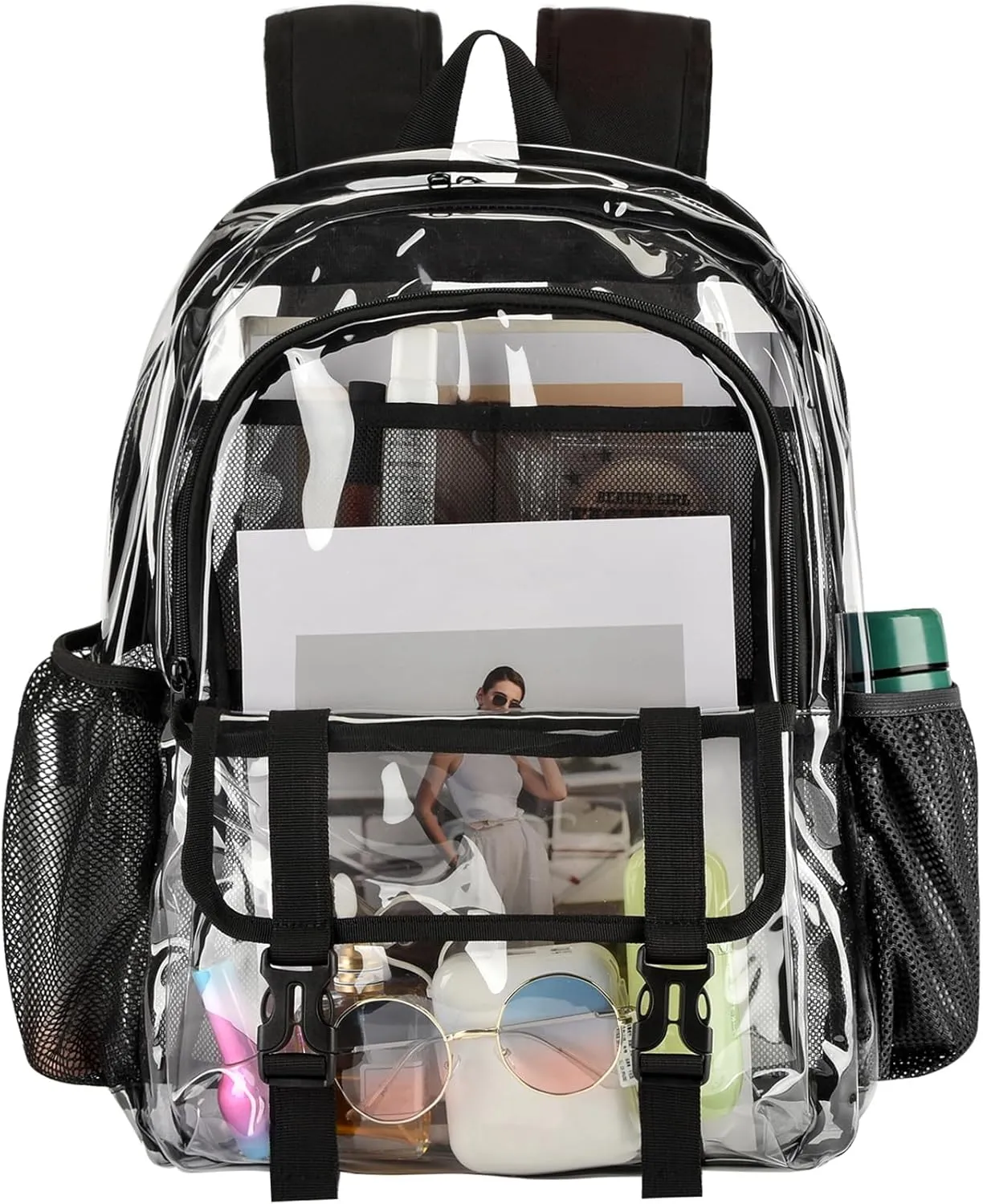 Clear Backpack, Large Clear Bag Stadium Heavy Duty PVC Transparent See Through Backpacks for Boys Girls, College, Work, Black