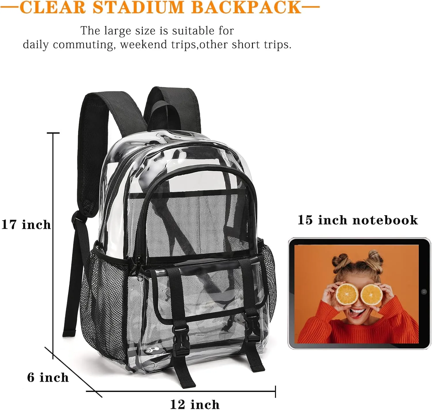 Clear Backpack, Large Clear Bag Stadium Heavy Duty PVC Transparent See Through Backpacks for Boys Girls, College, Work, Black