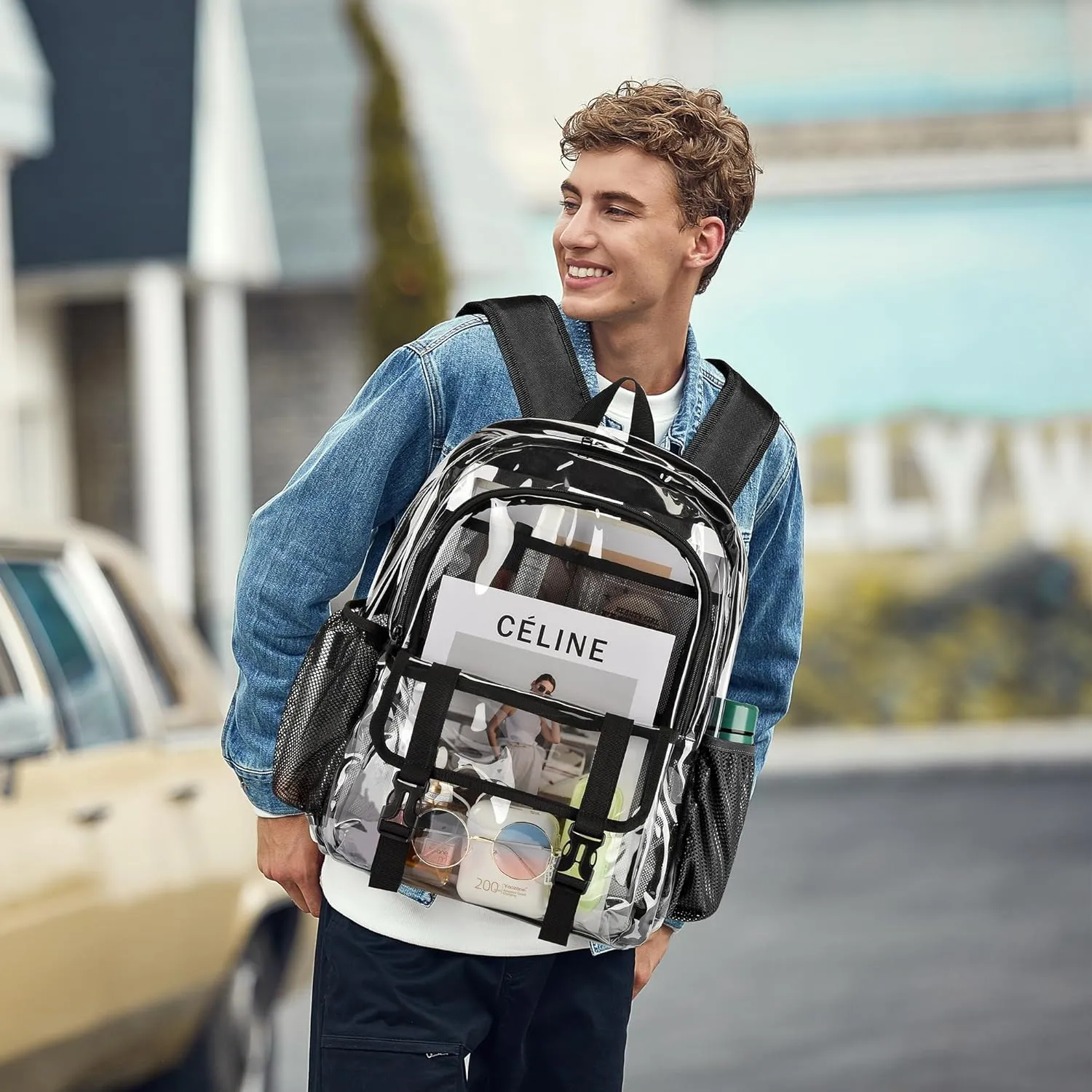 Clear Backpack, Large Clear Bag Stadium Heavy Duty PVC Transparent See Through Backpacks for Boys Girls, College, Work, Black