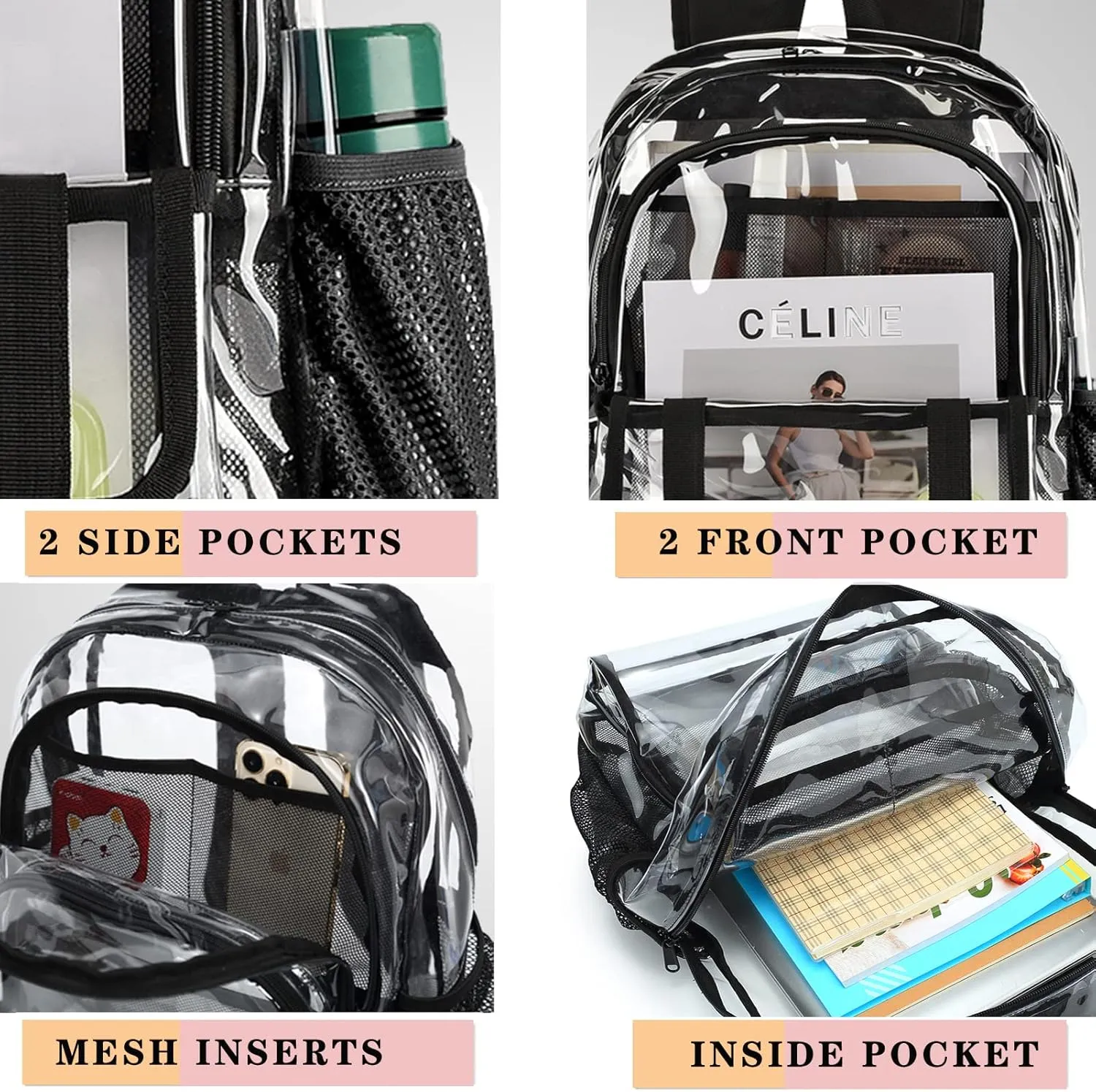 Clear Backpack, Large Clear Bag Stadium Heavy Duty PVC Transparent See Through Backpacks for Boys Girls, College, Work, Black
